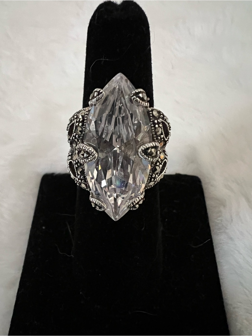 Clear Marquise Cubic Zirconia and Marcasite Statement Ring in Sterling Silver